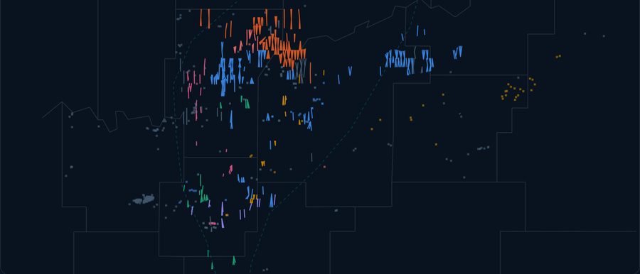 Arkoma horizontal wells, colored by operator