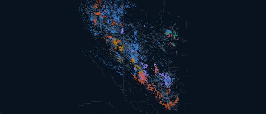 Montney horizontal wells, colored by operator