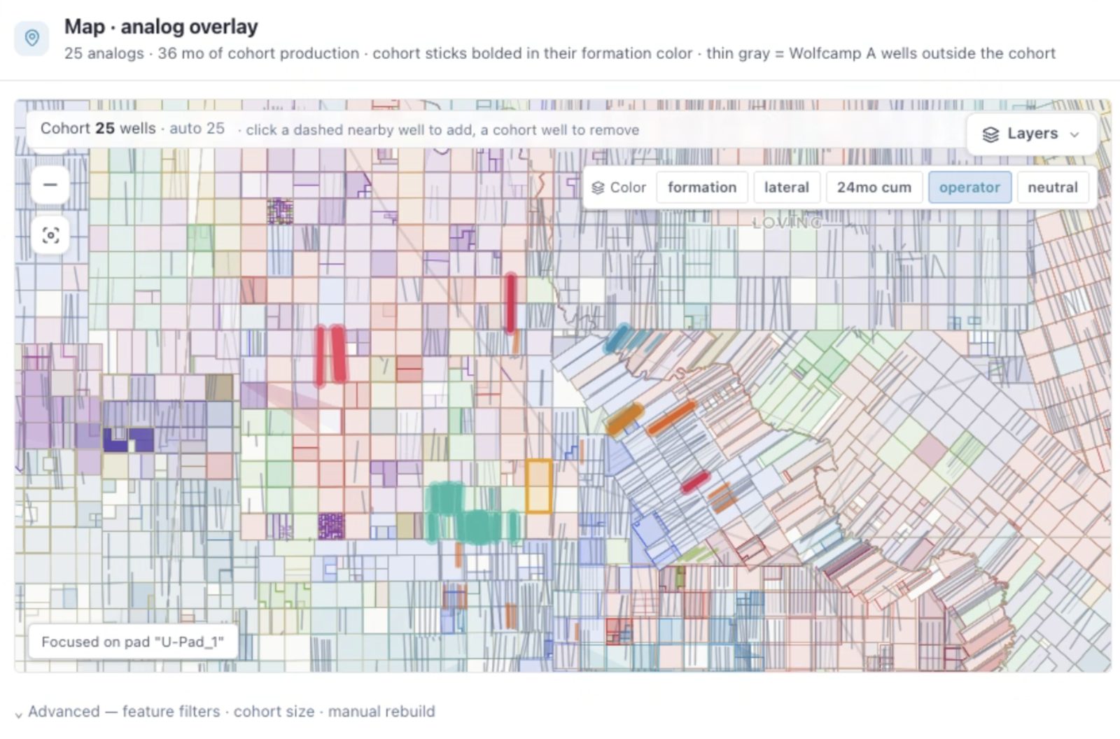 Map with 25 analog wells highlighted in their formation colors around a planned pad in Loving County