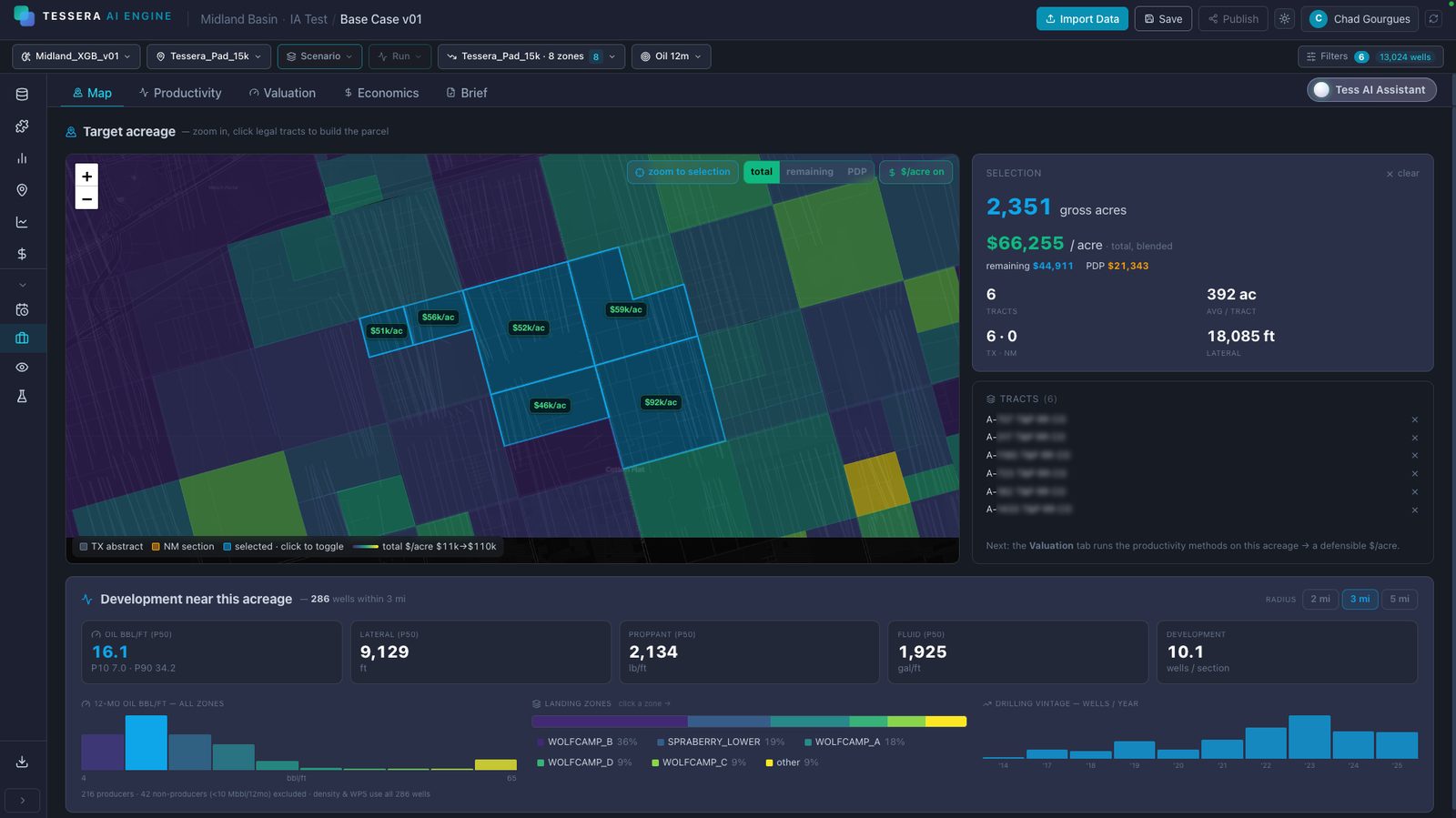 Deal flow screen with selected tracts, blended dollars per acre and development statistics for wells within three miles