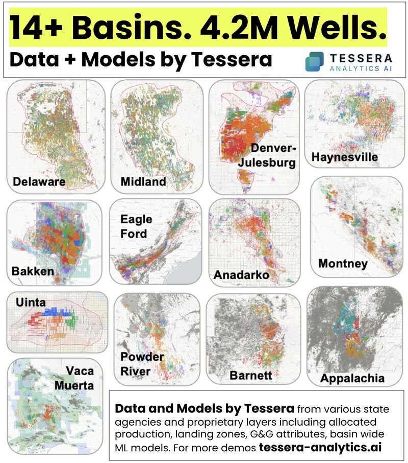 Grid of basin maps: Delaware, Midland, Denver-Julesburg, Haynesville, Bakken, Eagle Ford, Anadarko, Montney, Uinta, Powder River, Barnett, Vaca Muerta and Appalachia