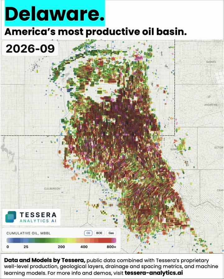 Delaware Basin horizontal wells colored by cumulative oil