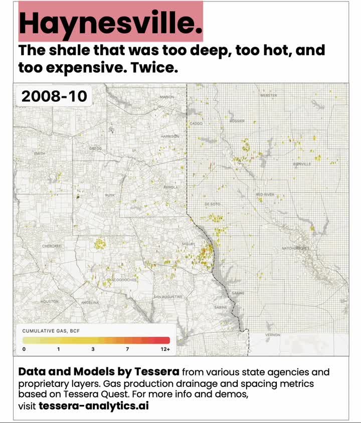 Haynesville time-lapse map of cumulative gas by well