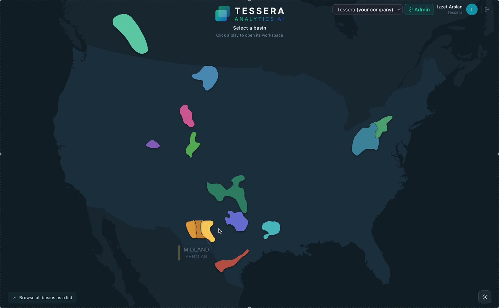 Tessera basin picker: North American unconventional basins on a map with the Midland Basin highlighted