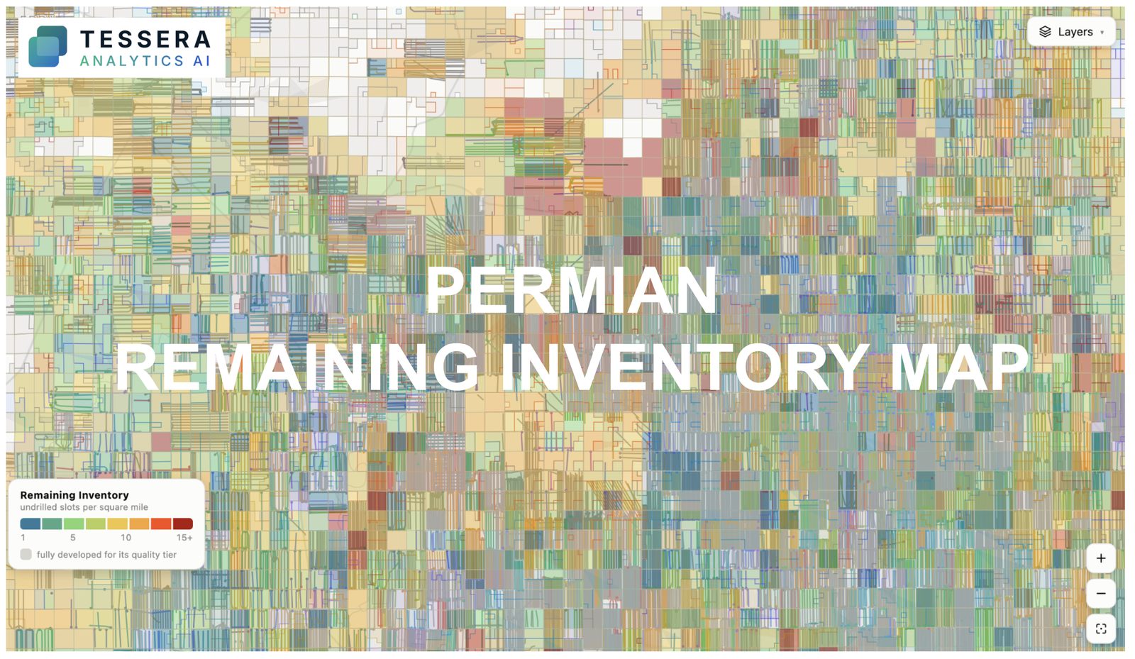 Permian remaining inventory map colored by undrilled slots per square mile
