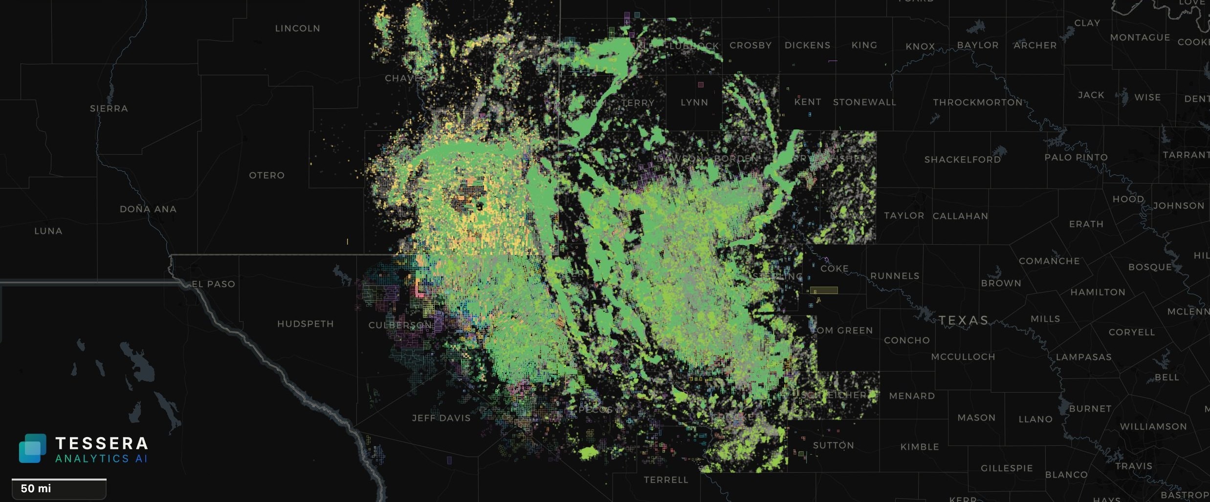 Tessera Quest: The whole basin in one view. More than 300,000 Permian wells colored by status: producing in green, permits in yellow, plugged in grey.