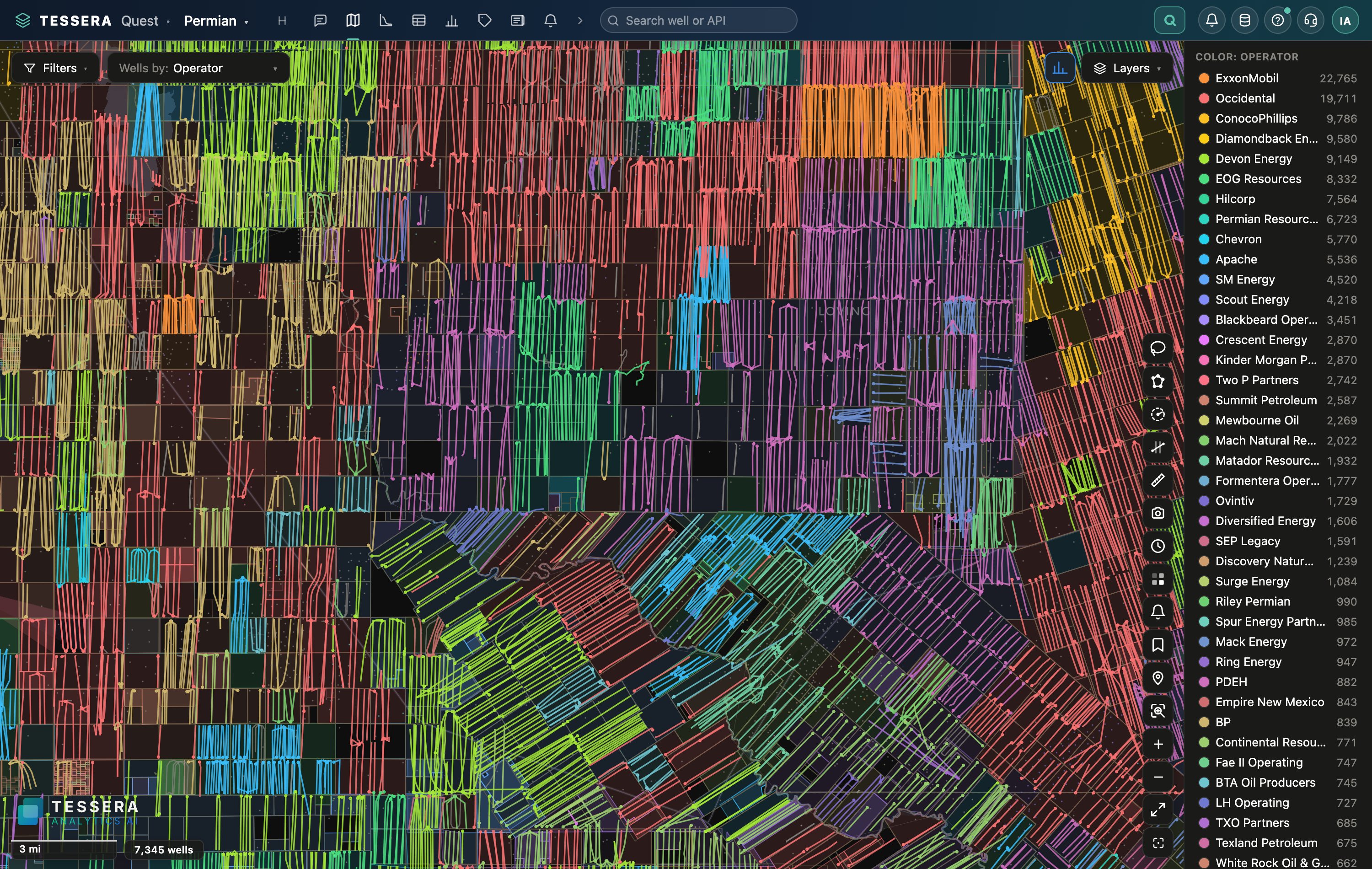 Tessera Quest: Zoom from the basin to one section. Every lateral colored by operator, zone, status or any attribute Tessera computes.