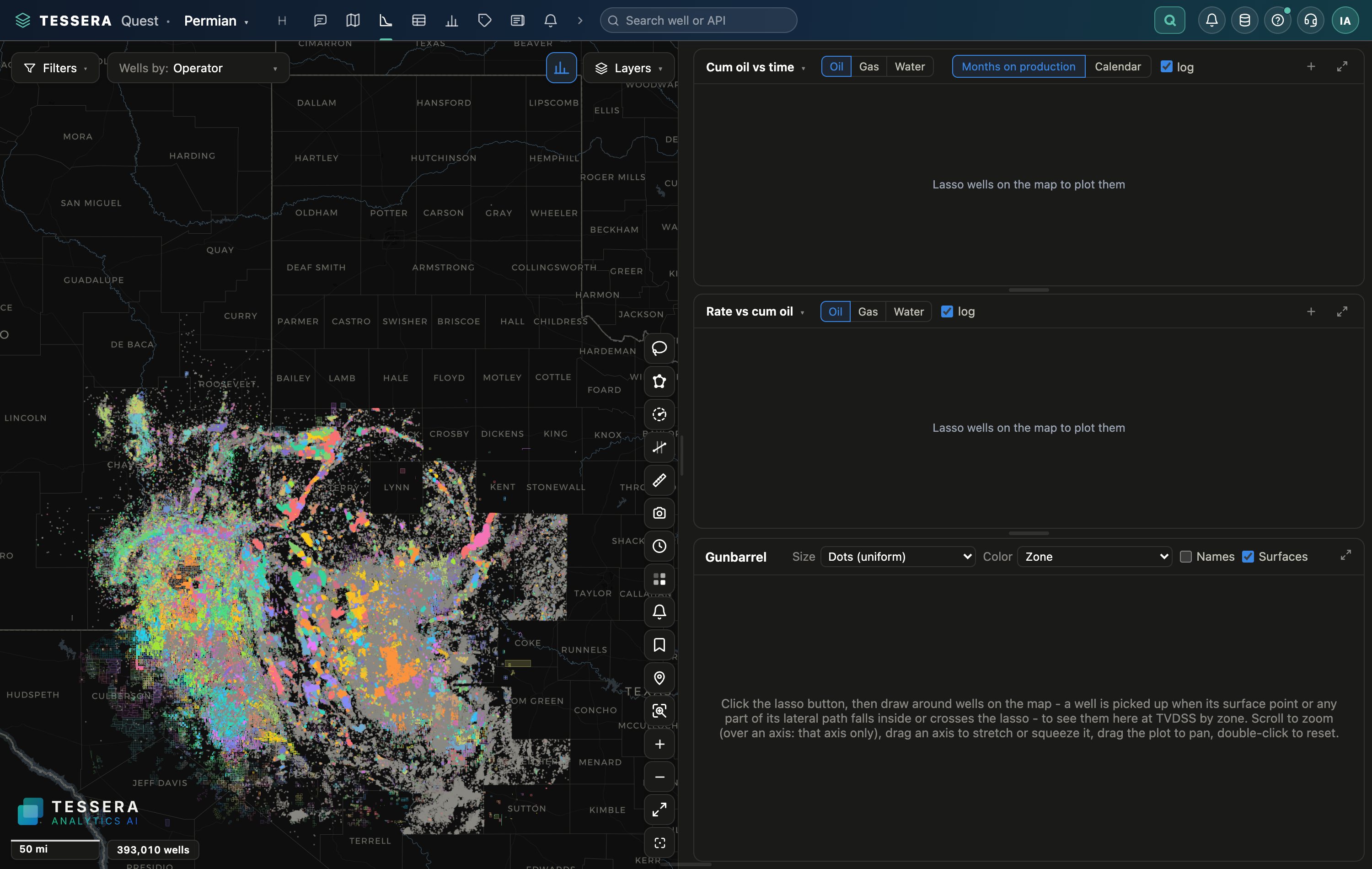 Tessera Quest: Production for the wells on the map: rate over time, shares by operator, rankings by county, type curves for any selection.