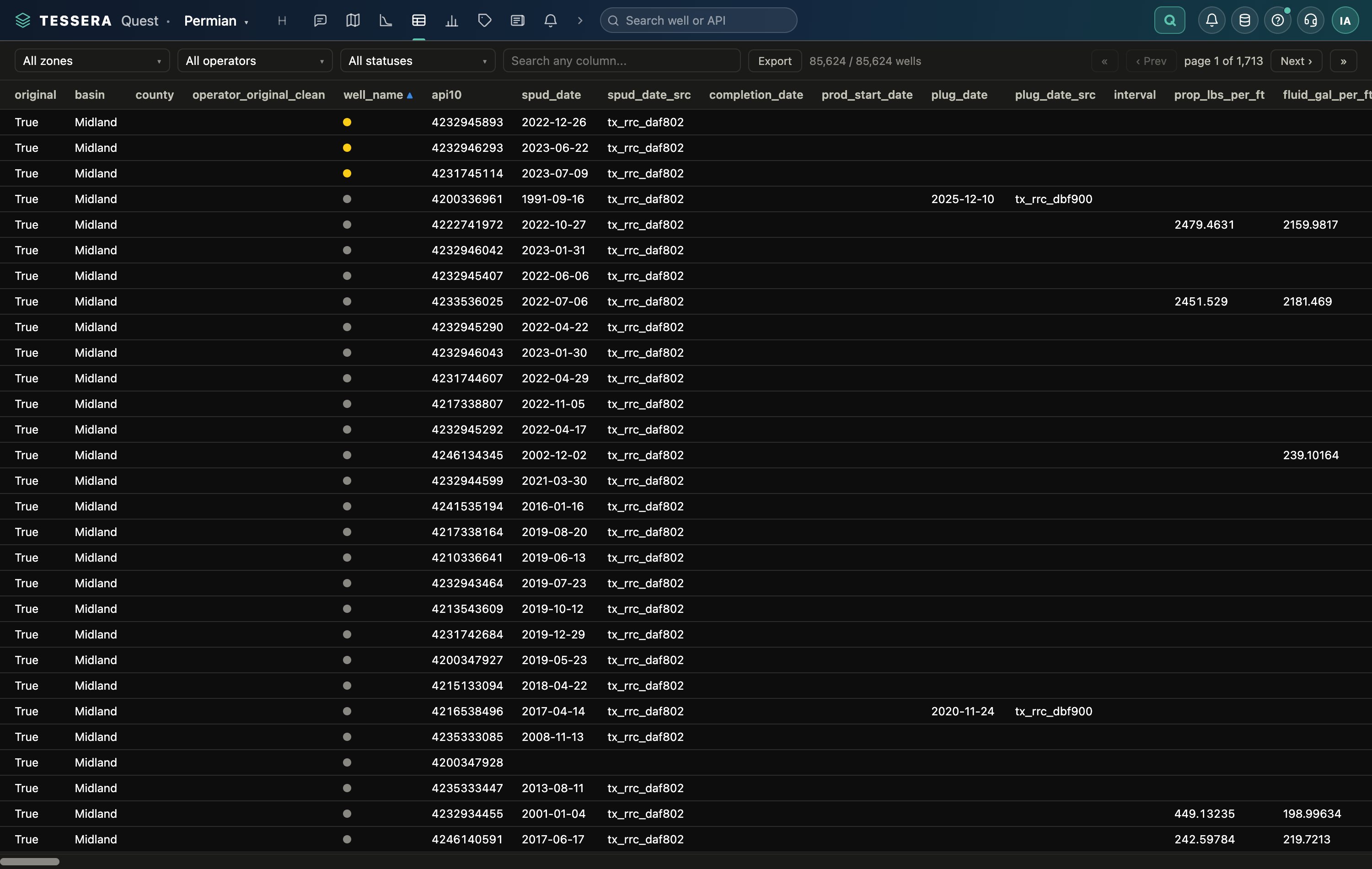 Tessera Quest: The table behind the map. Sort it, filter it, export it, or send the rows straight back to the map.